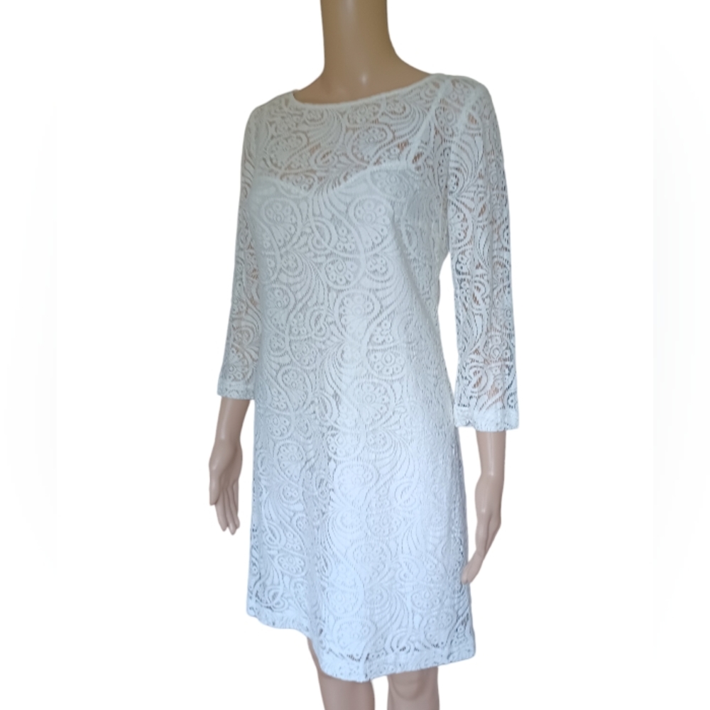 Trina Turk Womens Size 4 White Lace Sheath Dress Knee Length Boat Neck